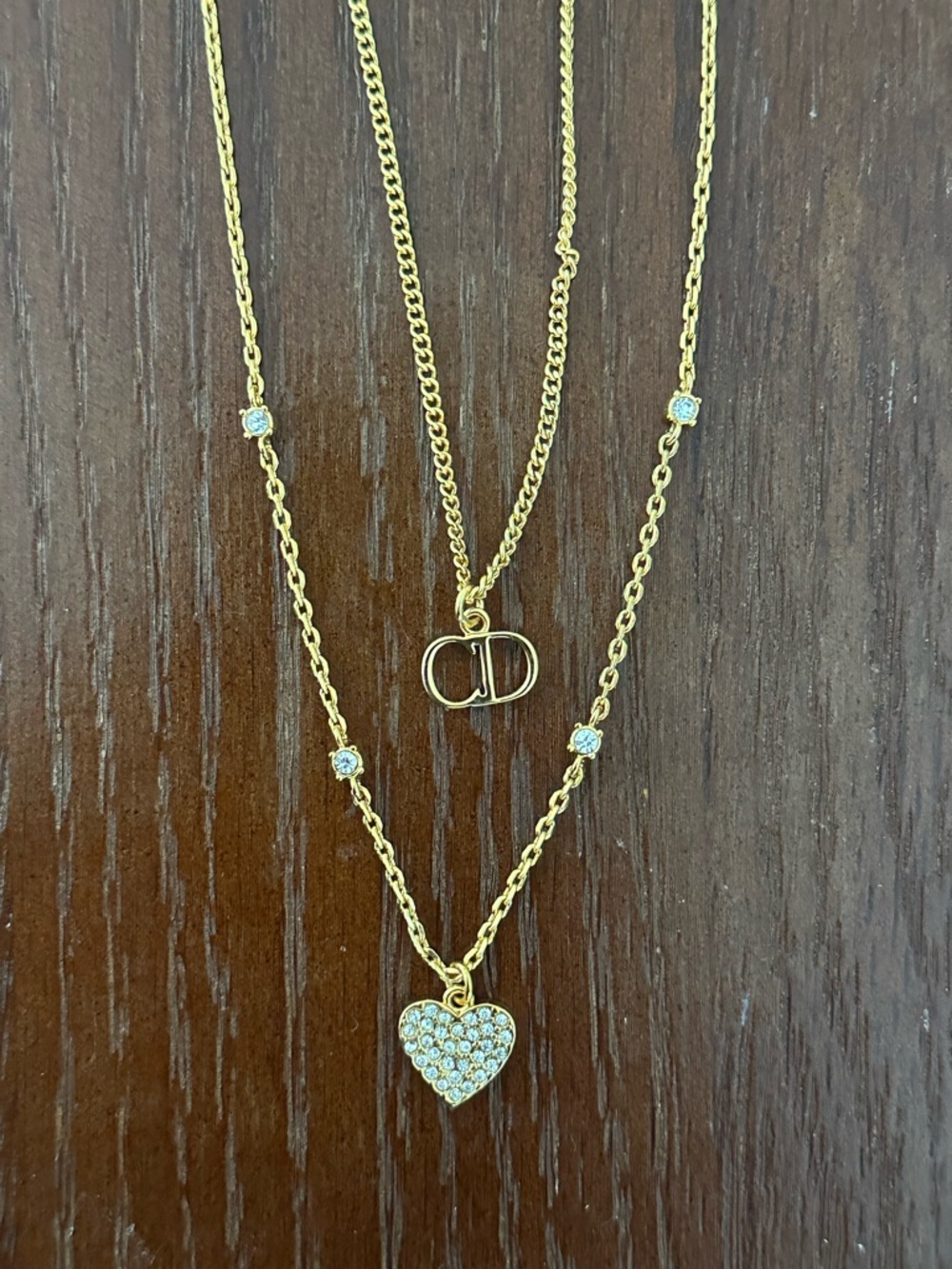 Dior Gold-Tone Layered Necklace with Crystal Heart Pendant